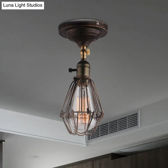 Rustic Farmhouse Semi-Flush Iron Cage Bedroom Ceiling Light In Rust/Aged Silver