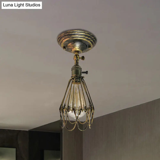 Rustic Farmhouse Semi-Flush Iron Cage Bedroom Ceiling Light In Rust/Aged Silver