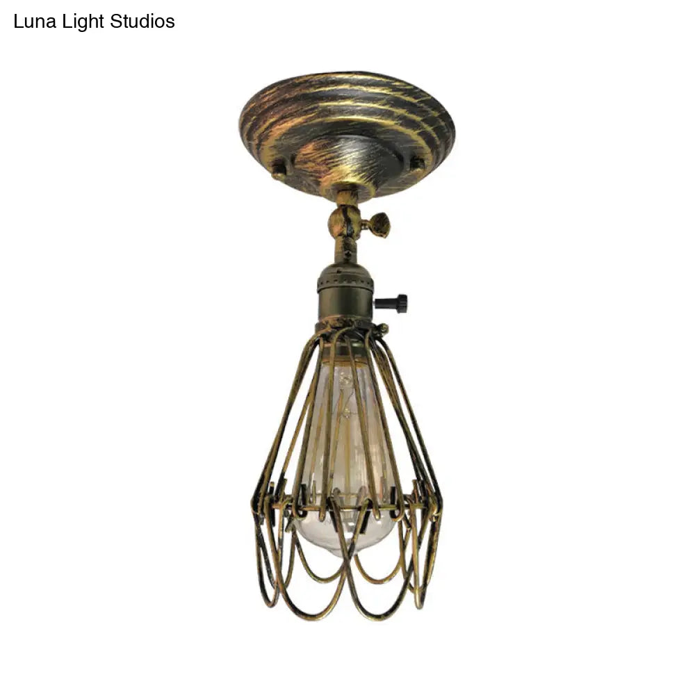 Rustic Farmhouse Semi-Flush Iron Cage Bedroom Ceiling Light In Rust/Aged Silver