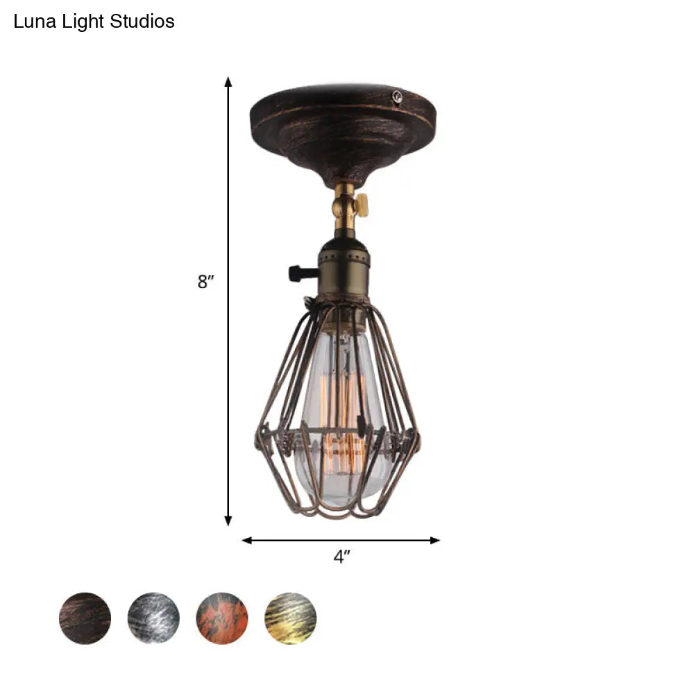 Rustic Farmhouse Semi-Flush Iron Cage Bedroom Ceiling Light In Rust/Aged Silver