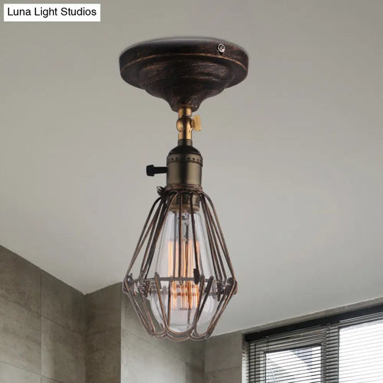 Rustic Farmhouse Semi-Flush Iron Cage Bedroom Ceiling Light In Rust/Aged Silver Rust