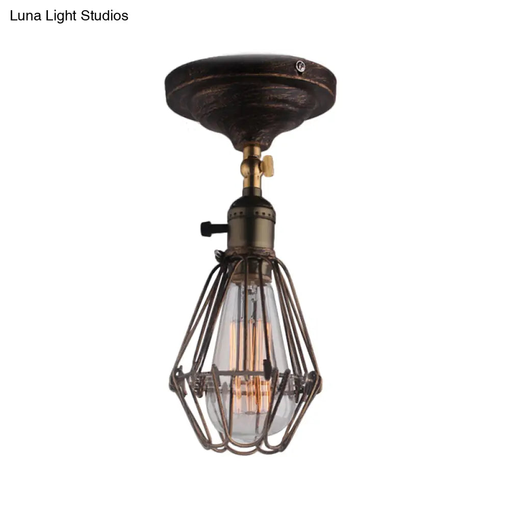 Rustic Farmhouse Semi-Flush Iron Cage Bedroom Ceiling Light In Rust/Aged Silver