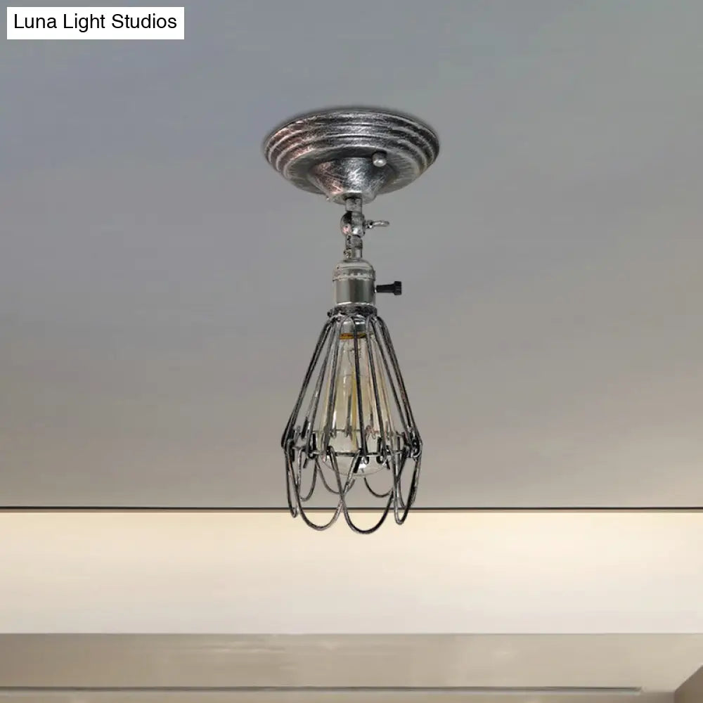 Rustic Farmhouse Semi-Flush Iron Cage Bedroom Ceiling Light In Rust/Aged Silver