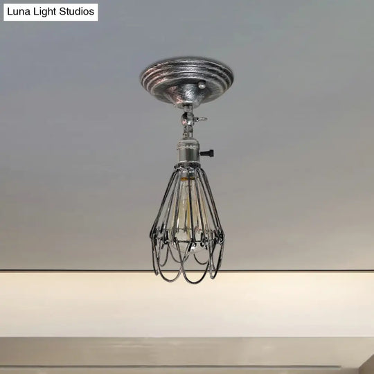 Rustic Farmhouse Semi-Flush Iron Cage Bedroom Ceiling Light In Rust/Aged Silver