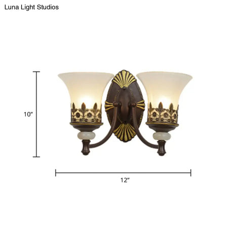Rustic Flared Bedroom Sconce Wall Lamp With Frosted White Glass