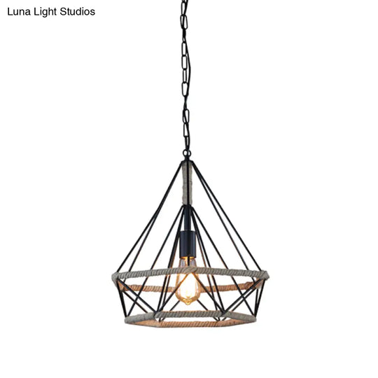 Rustic Single-Bulb Pendant Lamp With Natural Rope - Black/Brown Brown / A
