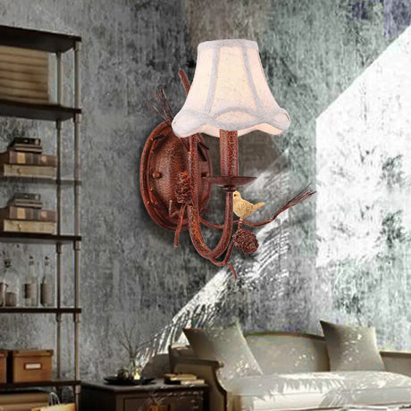 Rustic Flared Wall Light With Bird Decor For Restaurant - Vintage Fabric Fixture 1 / Rust