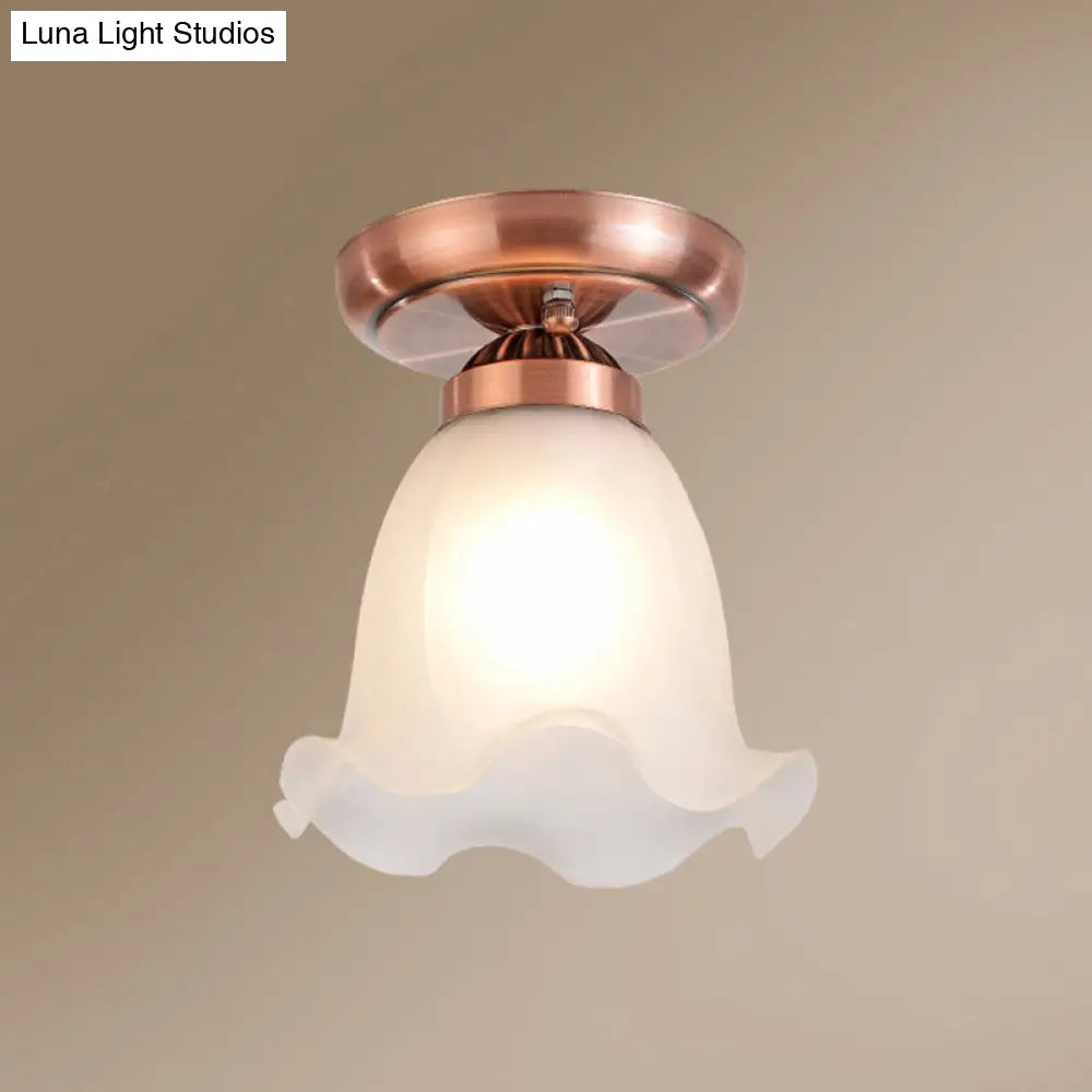 Rustic Floral Frosted White Glass Flush Mount Bedroom Ceiling Light Fixture Copper