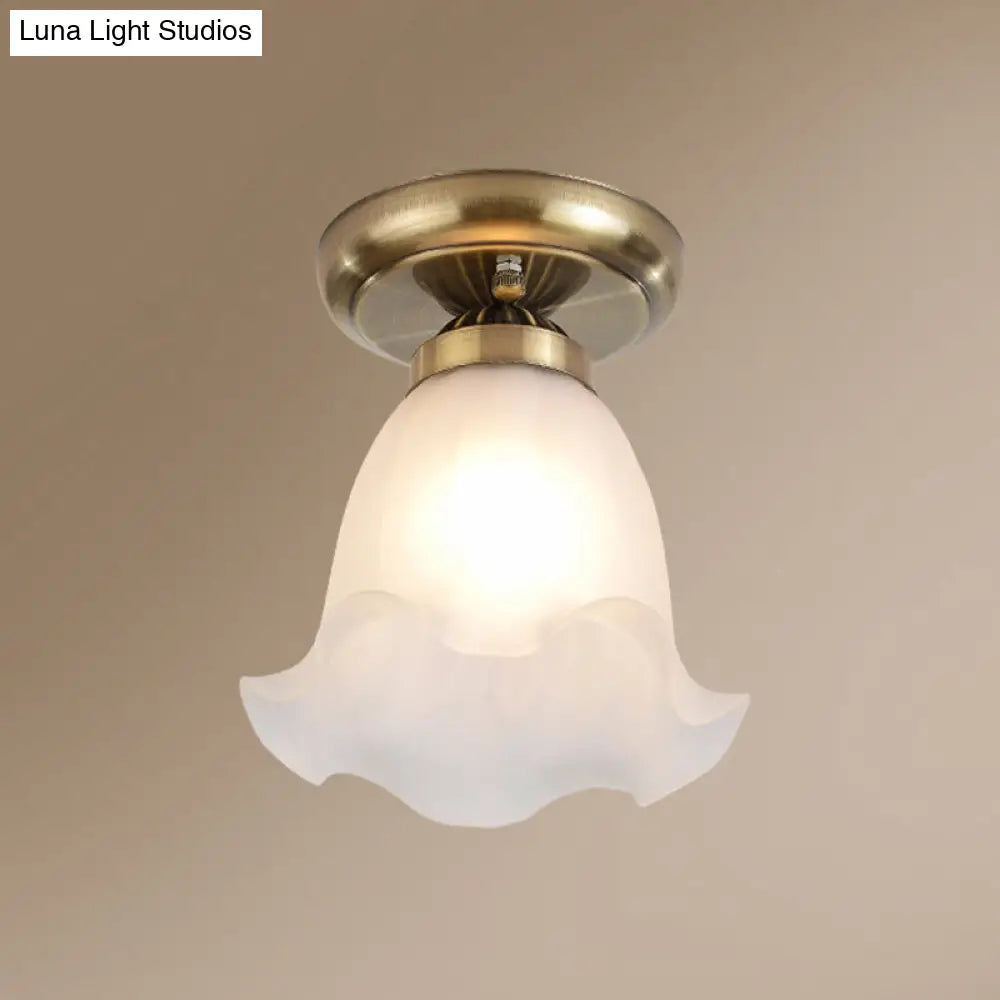 Rustic Floral Frosted White Glass Flush Mount Bedroom Ceiling Light Fixture Bronze