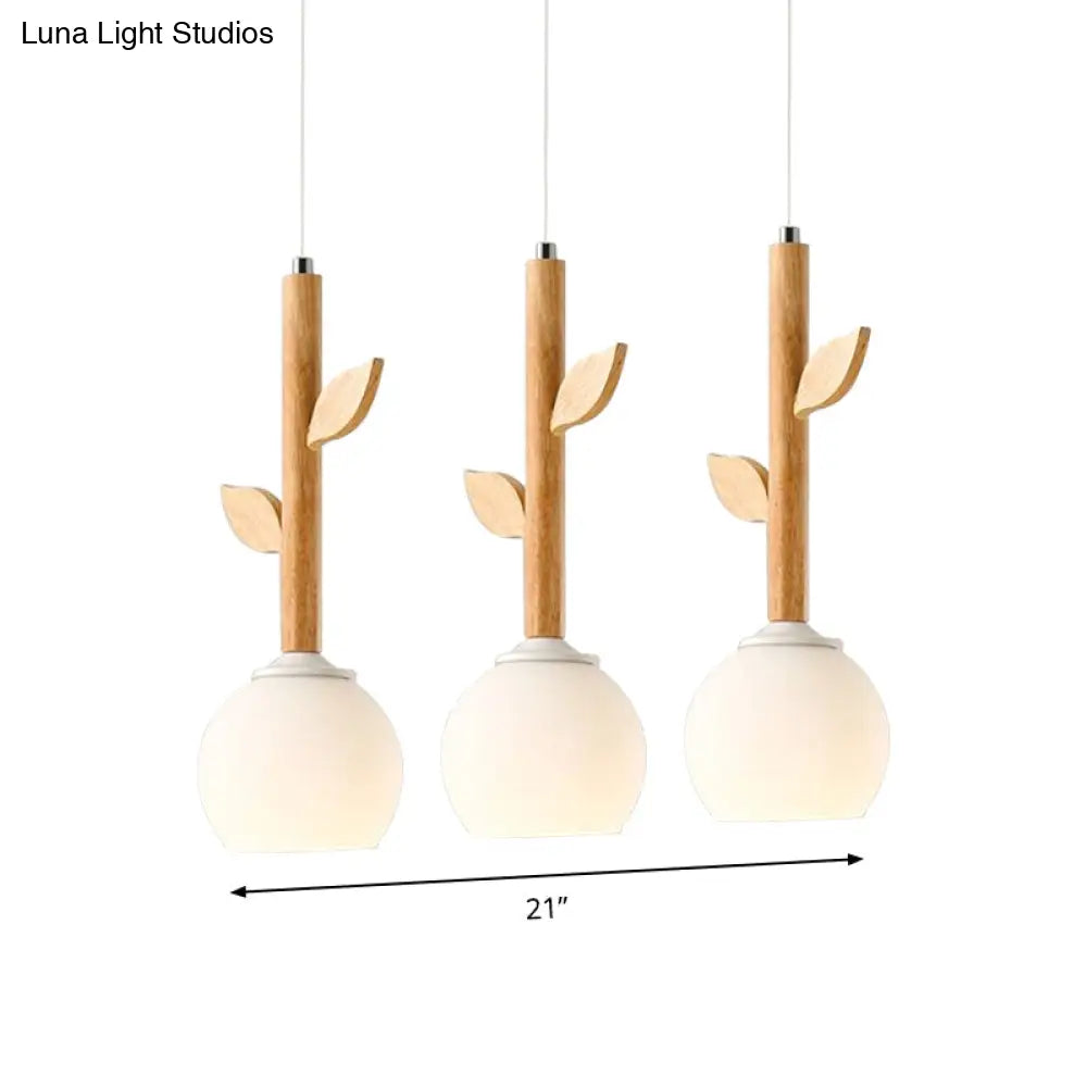 Rustic Flower Pendant Lamp W/ 3 Glass Lights & Wood Leaf For Kitchen Ceiling - White