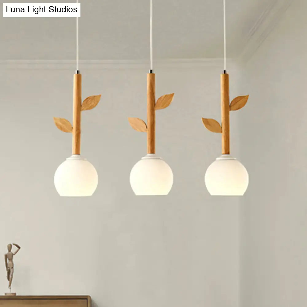 Rustic Flower Pendant Lamp W/ 3 Glass Lights & Wood Leaf For Kitchen Ceiling - White
