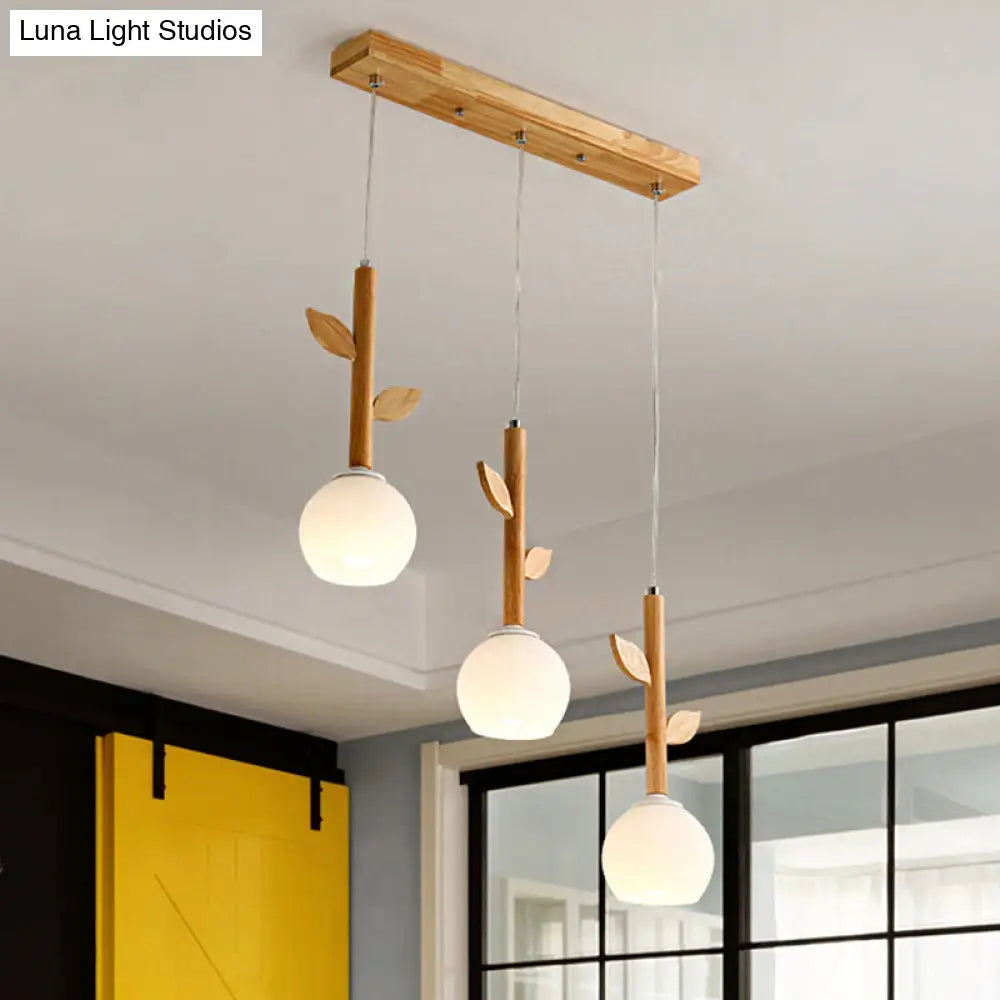 Rustic Flower Pendant Lamp W/ 3 Glass Lights & Wood Leaf For Kitchen Ceiling - White