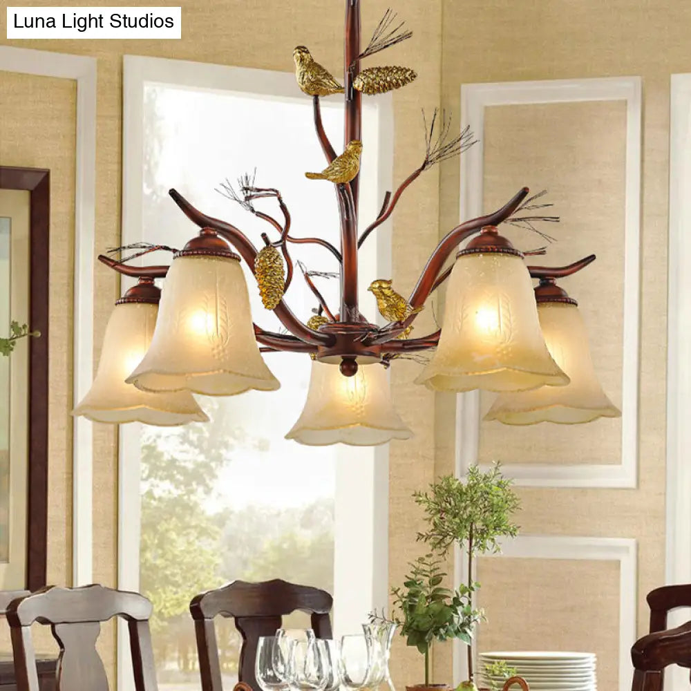 Rustic Frosted Glass Ceiling Chandelier With Bird Flower Shape 3/6/8 Lights - Brown Hanging Fixture