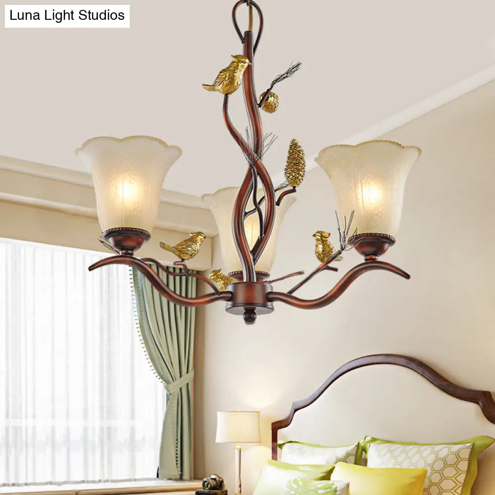 Rustic Frosted Glass Ceiling Chandelier With Bird Flower Shape 3/6/8 Lights - Brown Hanging Fixture