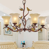 Rustic Frosted Glass Ceiling Chandelier With Bird Flower Shape 3/6/8 Lights - Brown Hanging Fixture