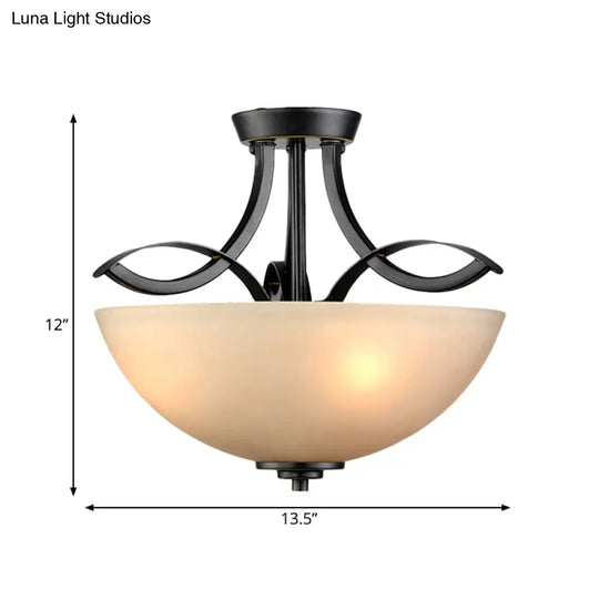 Rustic Frosted Glass Ceiling Light: Black Semi Flush 3 - Bulb Bowl For Bedroom