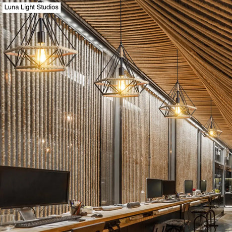 Rustic Geometric Hemp Rope Pendant Light With Single Bulb - Ideal For Restaurants Black Fixture