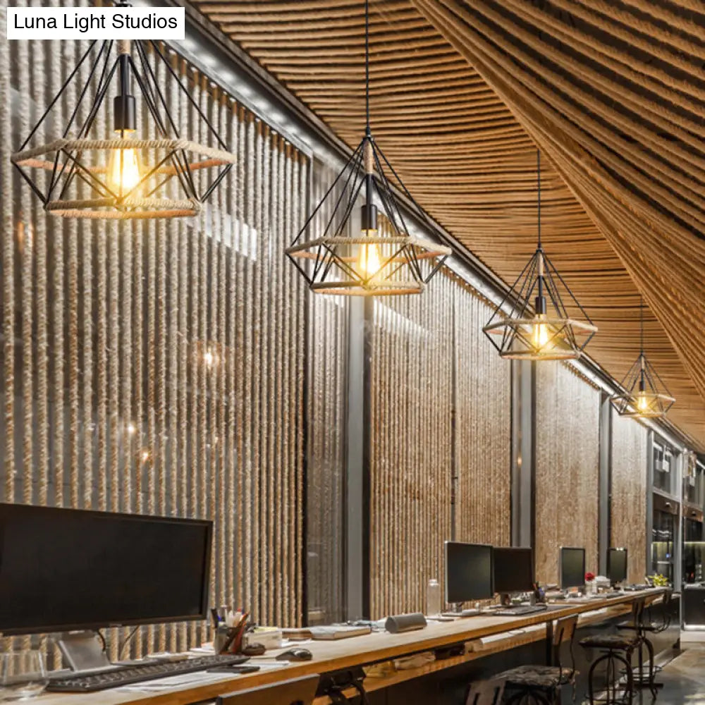 Rustic Geometric Hemp Rope Pendant Light With Single Bulb - Ideal For Restaurants Black Fixture