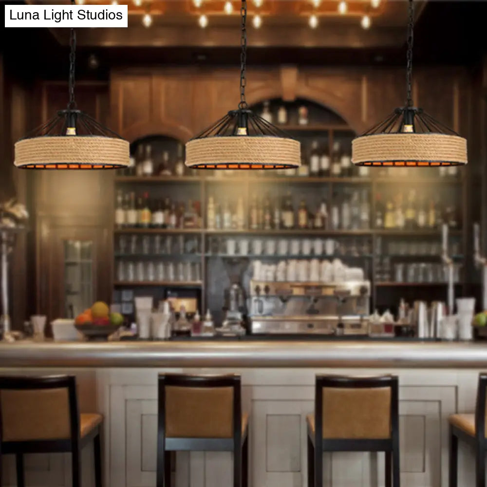 Rustic Geometric Hemp Rope Pendant Light With Single Bulb - Ideal For Restaurants Black Fixture