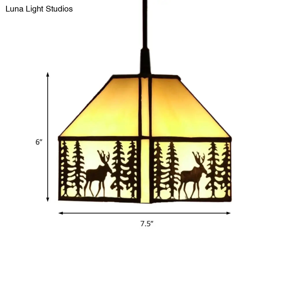 Rustic Glass Ceiling Light For Kitchen - 1 Bulb House Hanging With Deer Pattern In Beige