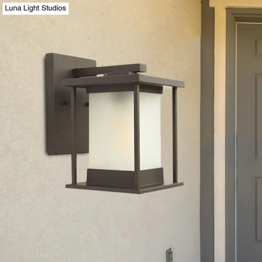 Rustic Glass & Metal Outdoor Wall Lamp With 1 Bulb In Coffee/Black