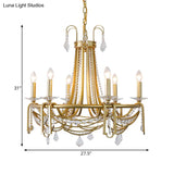 Rustic Gold Candelabra Chandelier With Crystal Pendant 6 Lights - Perfect For Living Room