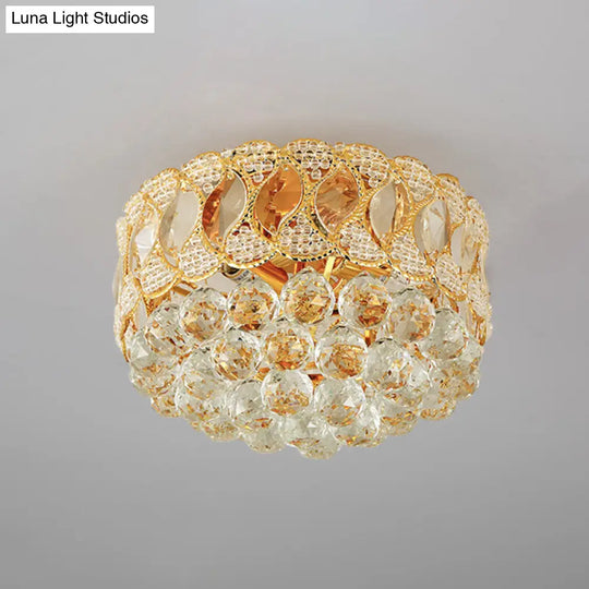 Rustic Gold Drum Shade Crystal Orb Flush Mount Lamp: 3-Head Bedroom Ceiling Light Fixture