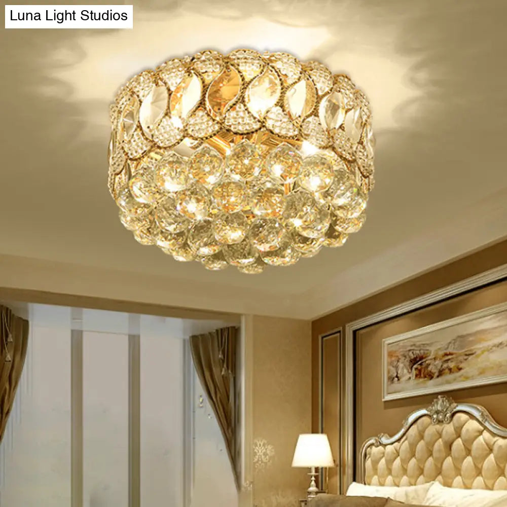 Rustic Gold Drum Shade Crystal Orb Flush Mount Lamp: 3-Head Bedroom Ceiling Light Fixture