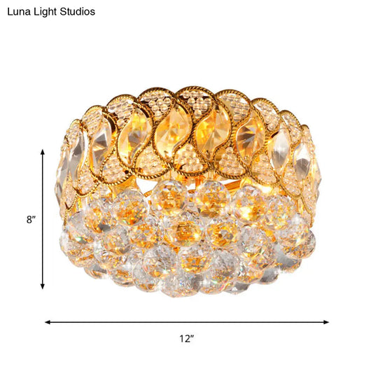 Rustic Gold Drum Shade Crystal Orb Flush Mount Lamp: 3-Head Bedroom Ceiling Light Fixture