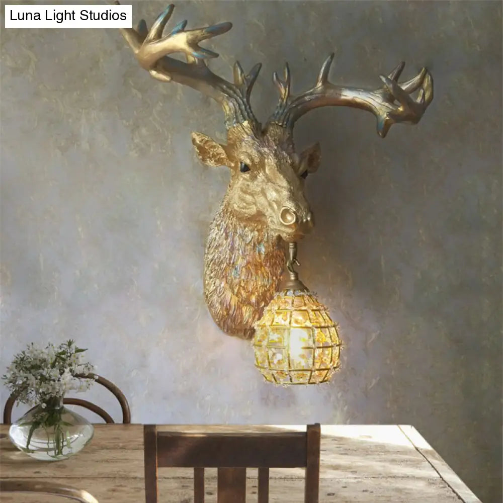 Rustic Gold Resin Deer Sconce Lamp - Wall Mounted Light With Crystal Glass Shade