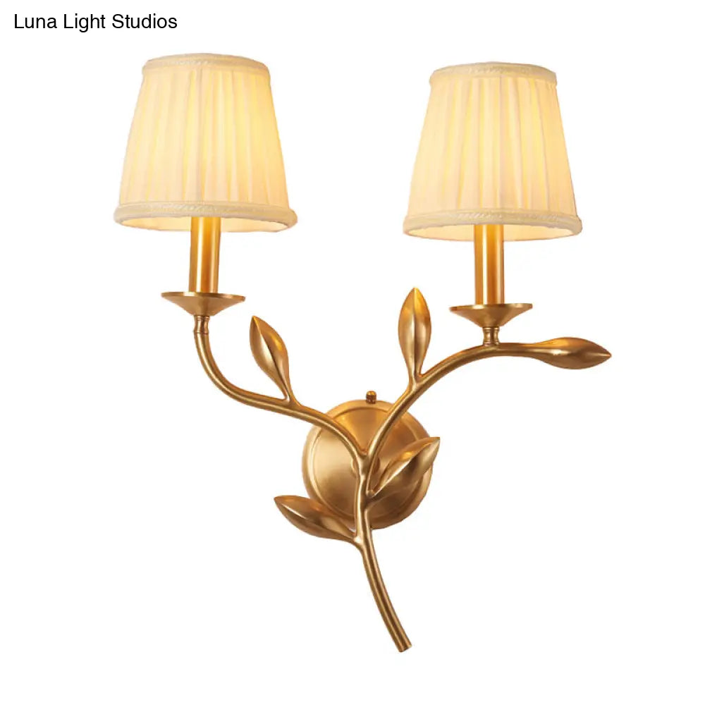 Rustic Gold Tapered Wall Lamp With Gathered Fabric & Wheat Decor