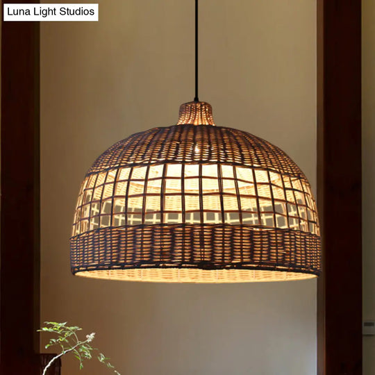 Rustic Gridded Bamboo Pendant Lamp For Table Suspended By 1 Bulb