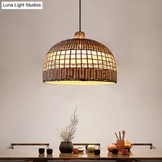Rustic Gridded Bamboo Pendant Lamp For Table Suspended By 1 Bulb