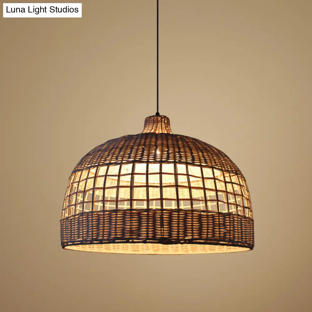 Rustic Gridded Bamboo Pendant Lamp For Table Suspended By 1 Bulb