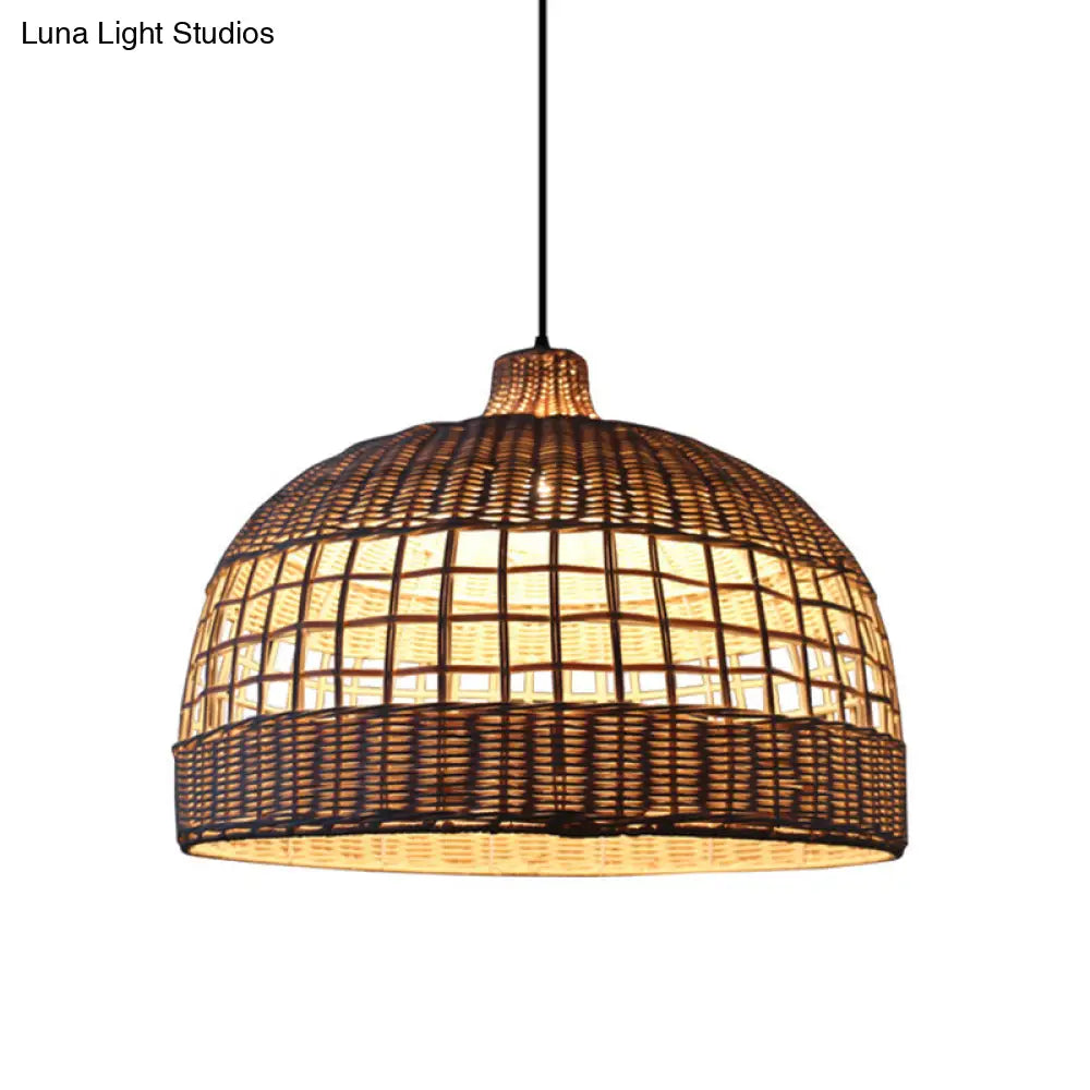 Rustic Gridded Bamboo Pendant Lamp For Table Suspended By 1 Bulb