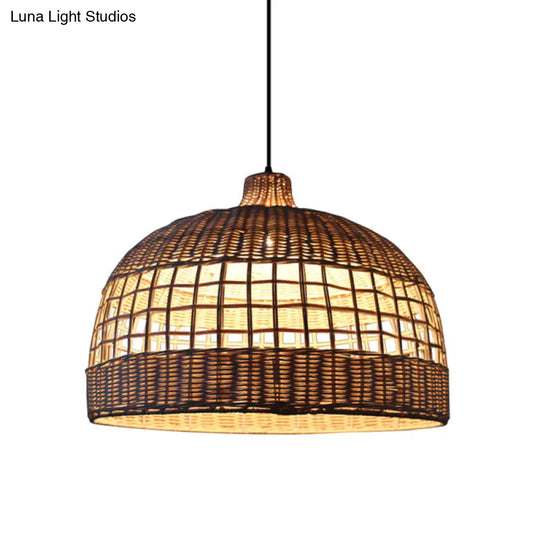 Rustic Gridded Bamboo Pendant Lamp For Table Suspended By 1 Bulb