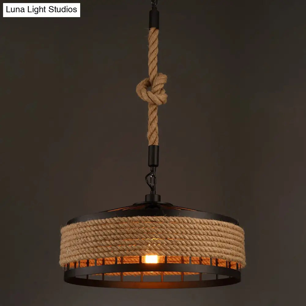 Rustic Hand-Twisted Rope Pendant Light With 1 Bulb For Restaurant In Black-Brown