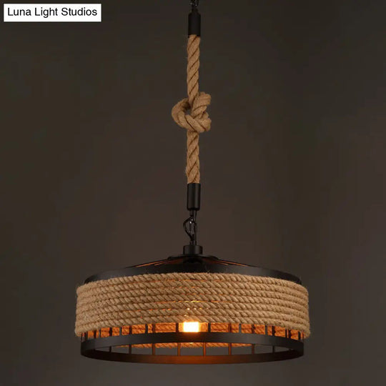 Rustic Hand-Twisted Rope Pendant Light With 1 Bulb For Restaurant In Black-Brown