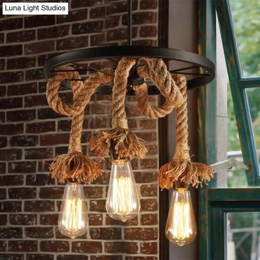 Rustic Hand-Wrapped Rope Chandelier With Decorative Wheel - Brown Bare Bulb Hanging Lamp 3 /