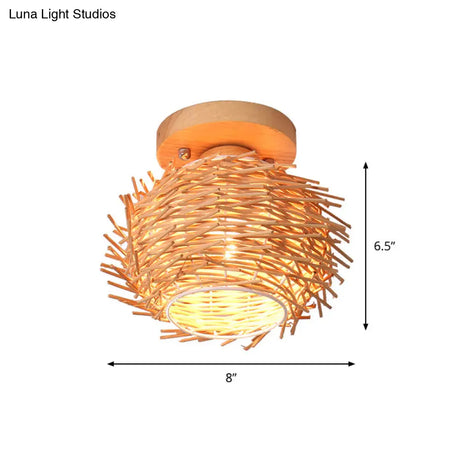 Rustic Handmade Bamboo Flush Mount Lamp: Wood Ceiling Light For Living Room