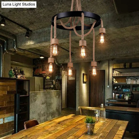 Rustic Hemp Rope Chandelier: Caged Sitting Room Pendant 6-Light Circular Suspension Brown