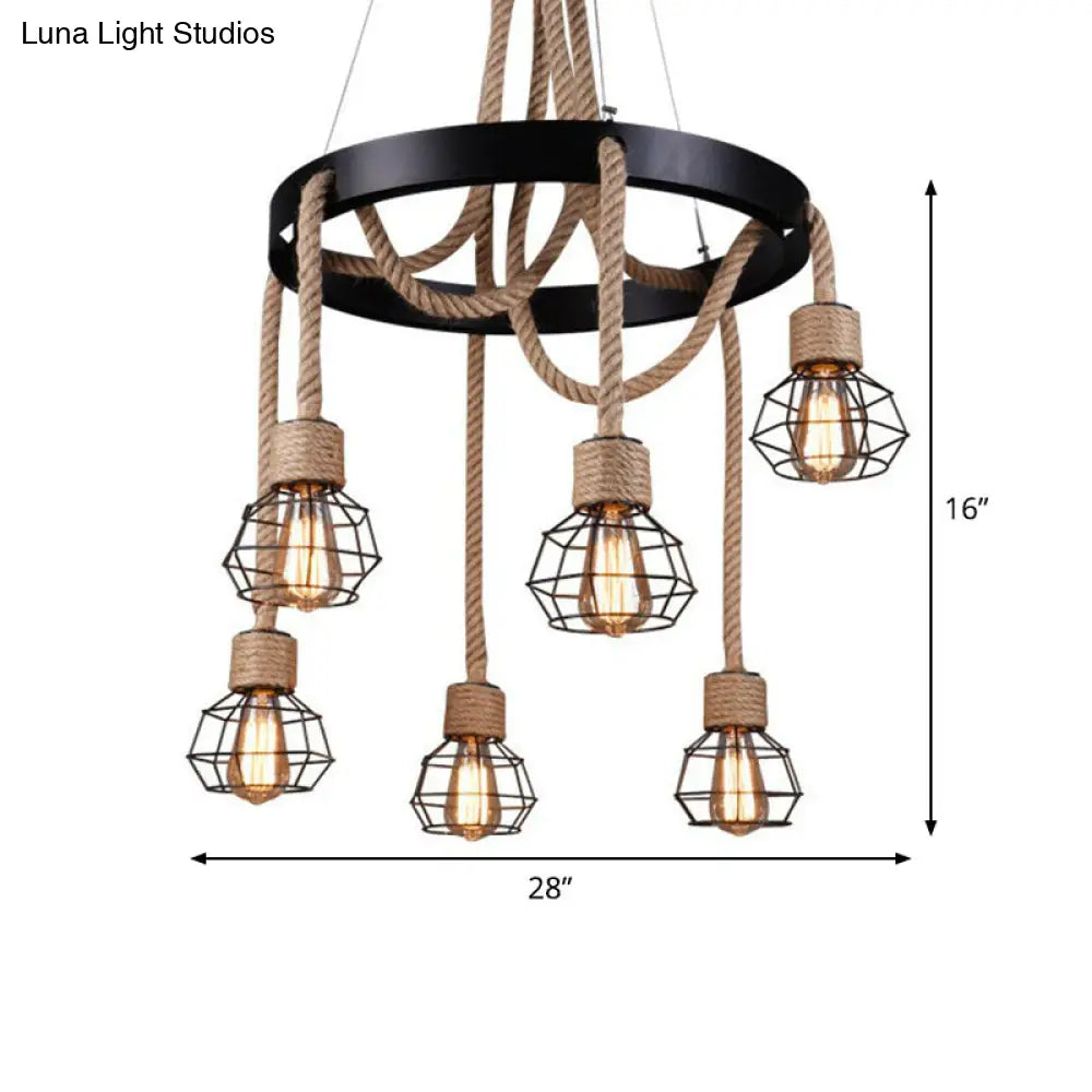 Rustic Hemp Rope Chandelier: Caged Sitting Room Pendant With 6 Lights