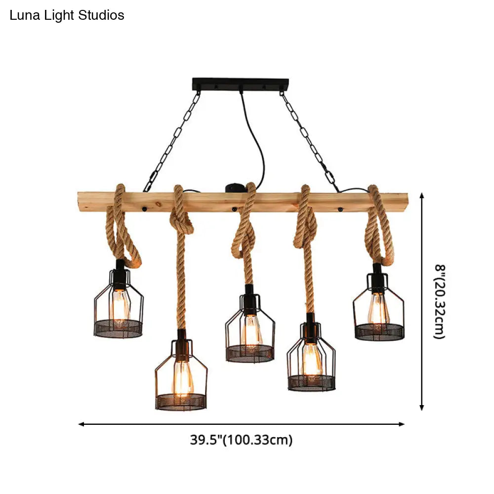 Rustic Hemp Rope Chandelier - Retro Industrial Pendant With Wire Cage For Restaurants