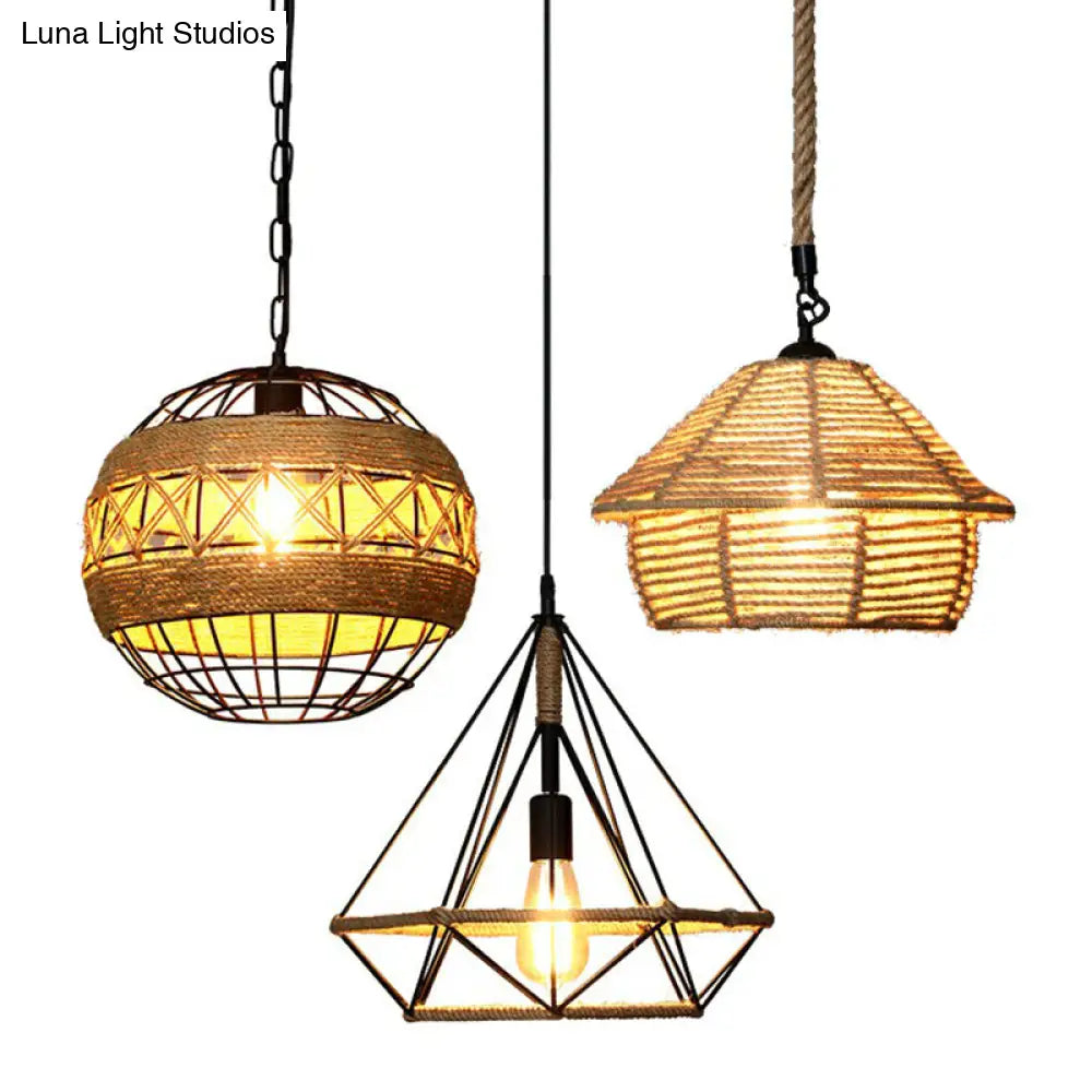 Rustic Hemp Rope Hanging Lamp Vintage Single-Bulb Pendant For Restaurants - Brown