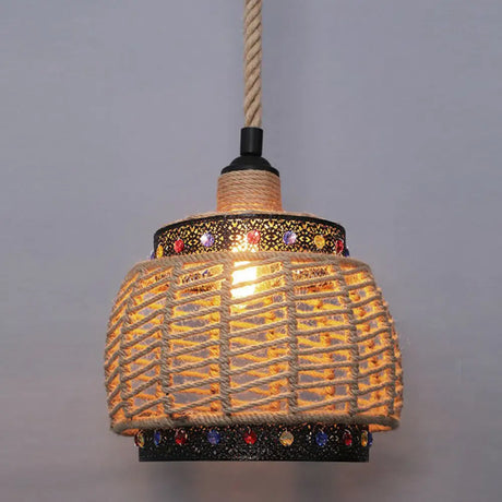 Rustic Hemp Rope Hanging Lamp Vintage Single-Bulb Pendant For Restaurants - Brown / M