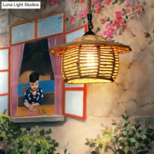 Rustic Hemp Rope Shaded Hanging Light - Brown Restaurant Pendant Fixture With 1 Bulb
