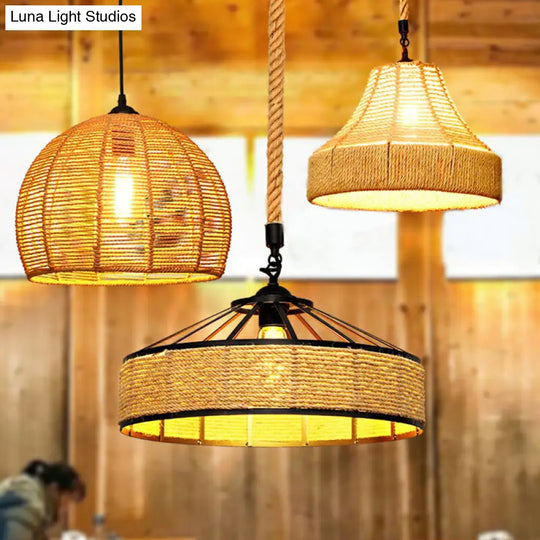 Rustic Hemp Rope Shaded Hanging Light - Brown Restaurant Pendant Fixture With 1 Bulb