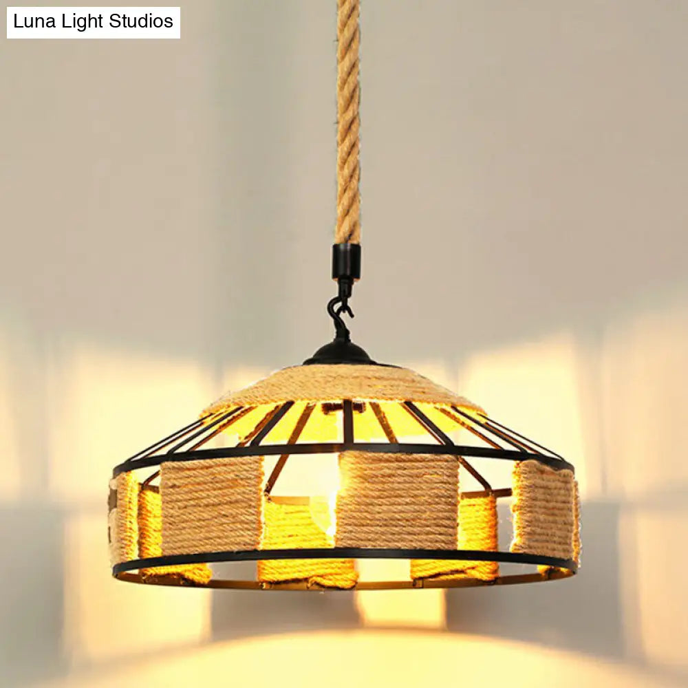 Rustic Hemp Rope Shaded Hanging Light - Brown Restaurant Pendant Fixture With 1 Bulb / F