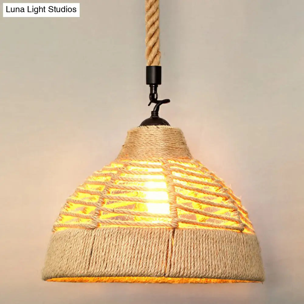 Rustic Hemp Rope Shaded Hanging Light - Brown Restaurant Pendant Fixture With 1 Bulb / G