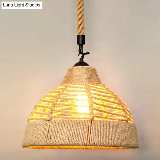 Rustic Hemp Rope Shaded Hanging Light - Brown Restaurant Pendant Fixture With 1 Bulb / G